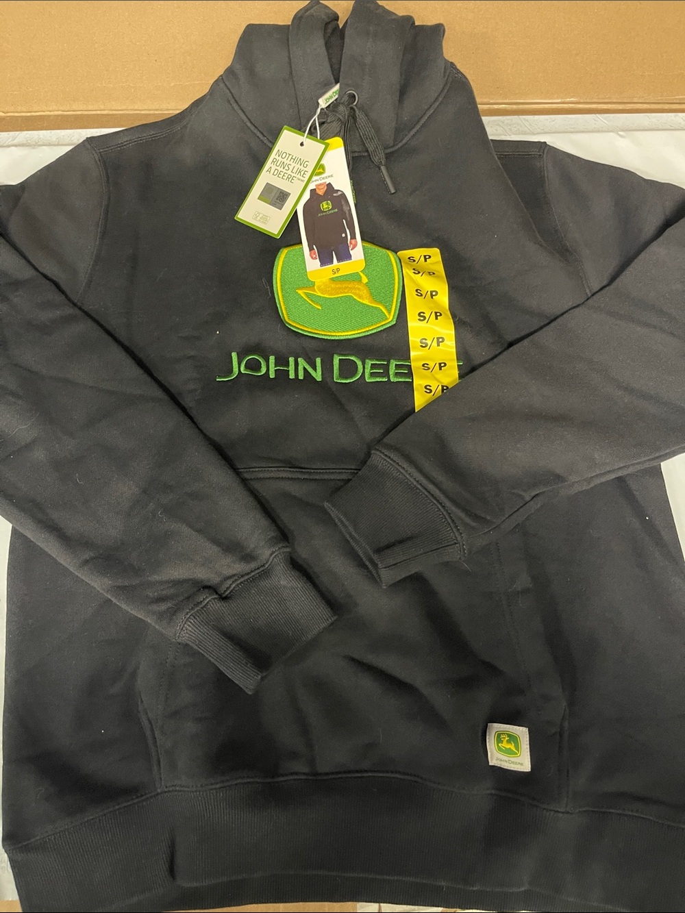 John Deere Black Hoodie with Green & Yellow Logo Patch